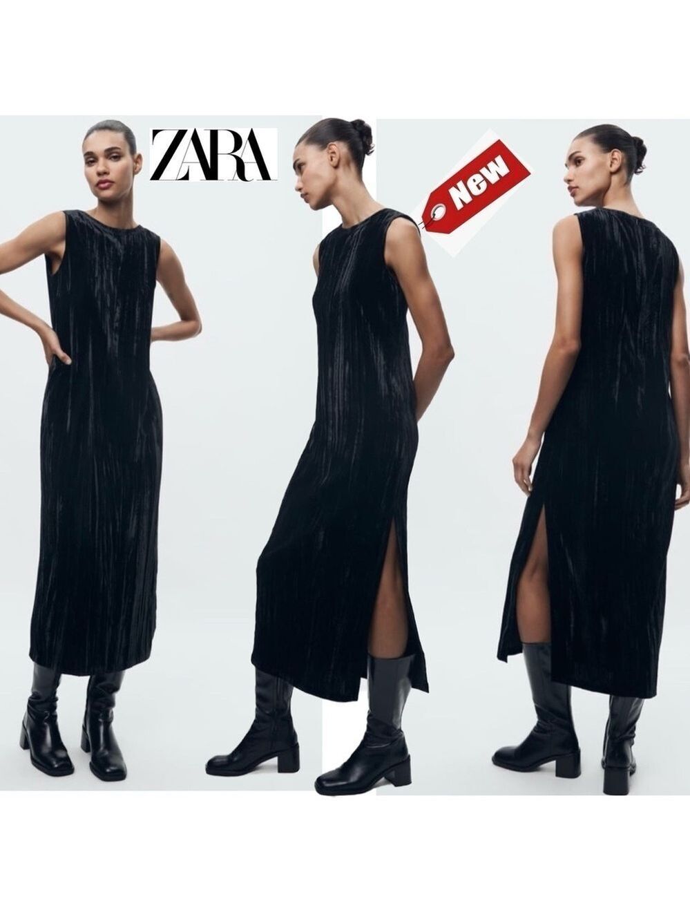 Zara ZW Collection black crushed wrinkled velvet sleeveless midi maxi dress XS